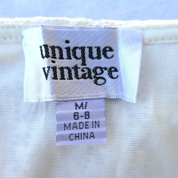 Unique Vintage Ivory Nylon Floral Lace Neck Tie Bow Short Sleeve Stretch M 6-8 - Picture 5 of 6